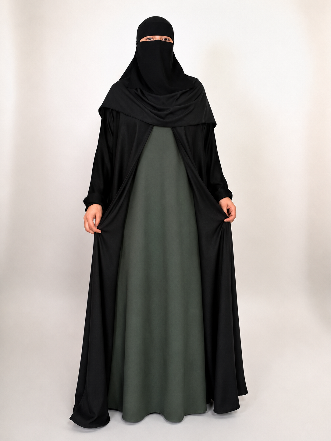Black Nida Open Abaya with Contrast Slip