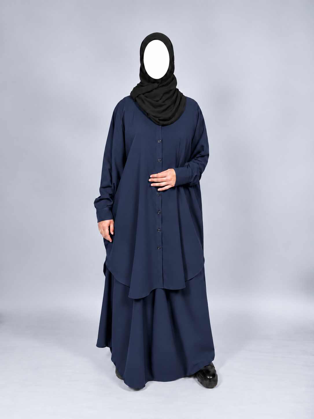 Wash and Wear Modest Co-Ord Set | Oversized Buttoned Shirt Set Navy