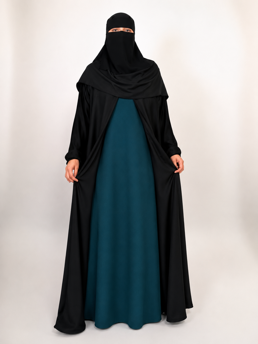 Black Nida Open Abaya with Contrast Slip
