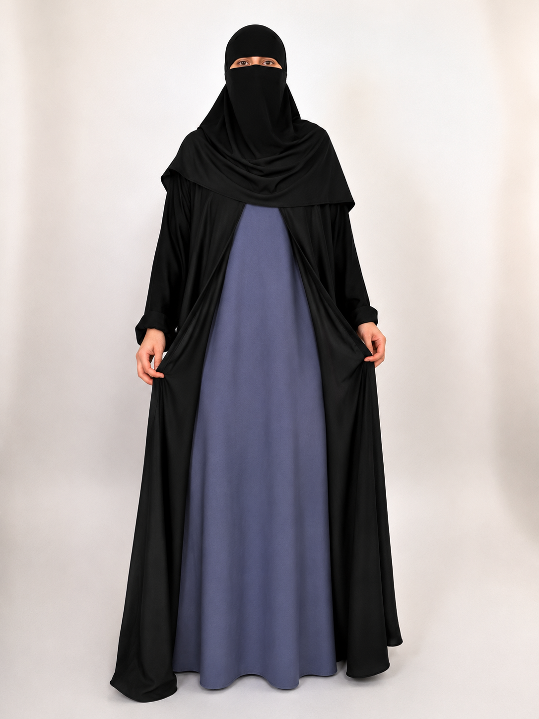 Black Nida Open Abaya with Contrast Slip