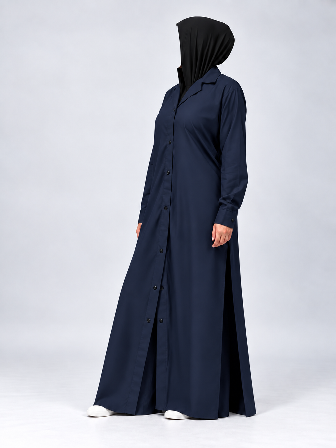 Wash and Wear Modest Co-Ord Set | Shirt Style Abaya with Wide Leg Palazzo Trousers |Navy|