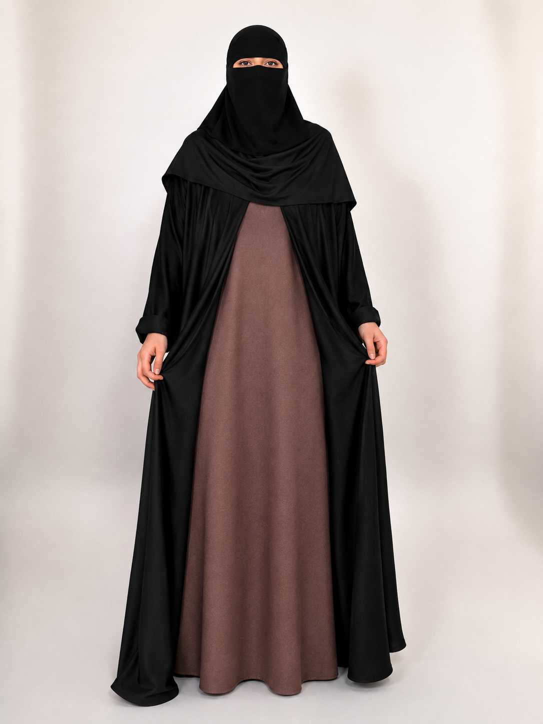 Black Nida Open Abaya with Contrast Slip
