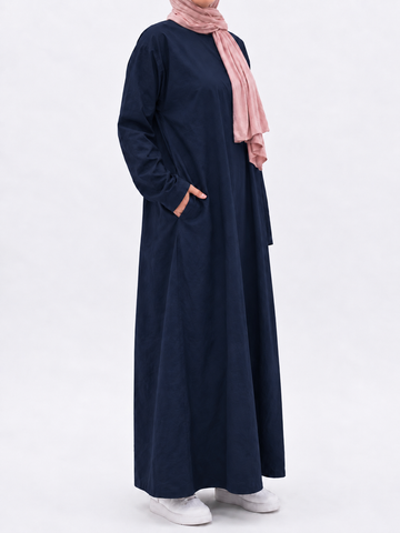 Plain Cotton Abaya with Pockets | Round neck | Matte | Navy
