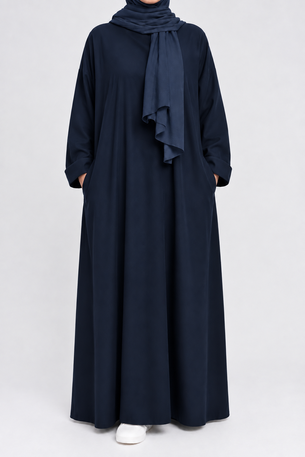 Plain Cotton Abaya with Pockets | Round neck | Matte | Navy
