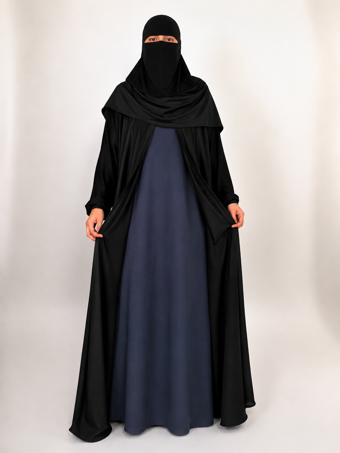 Black Nida Open Abaya with Contrast Slip