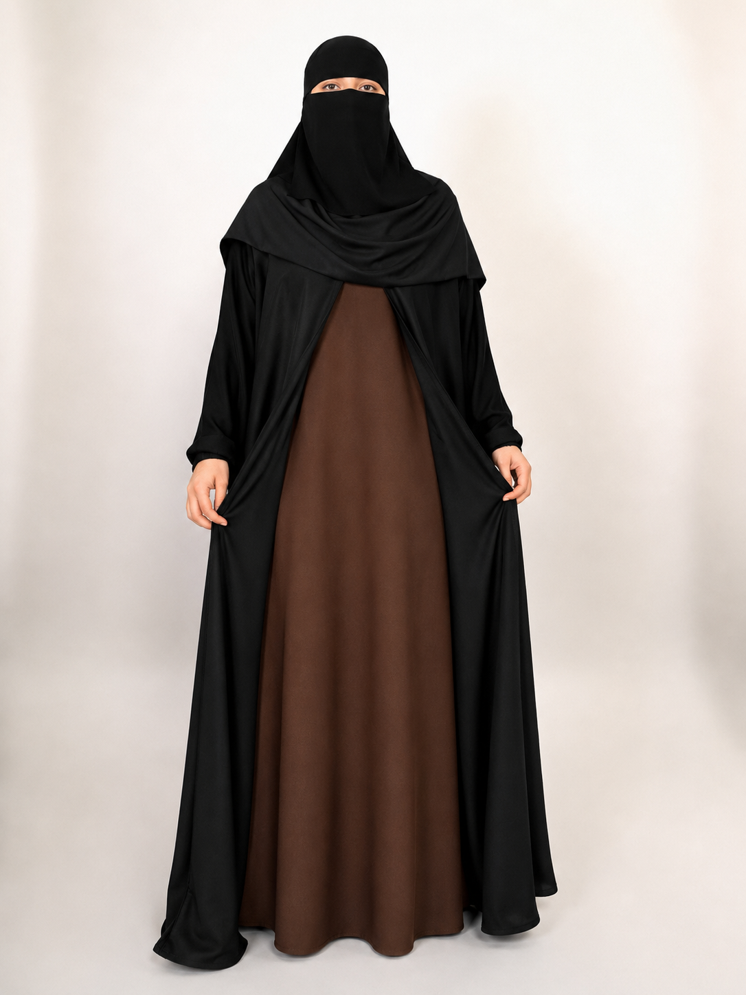 Black Nida Open Abaya with Contrast Slip