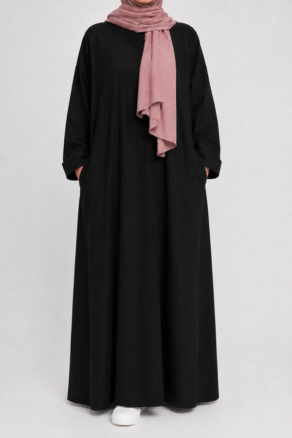 Cotton Oversized Abaya | Loose Folded Sleeve | Matte | Black