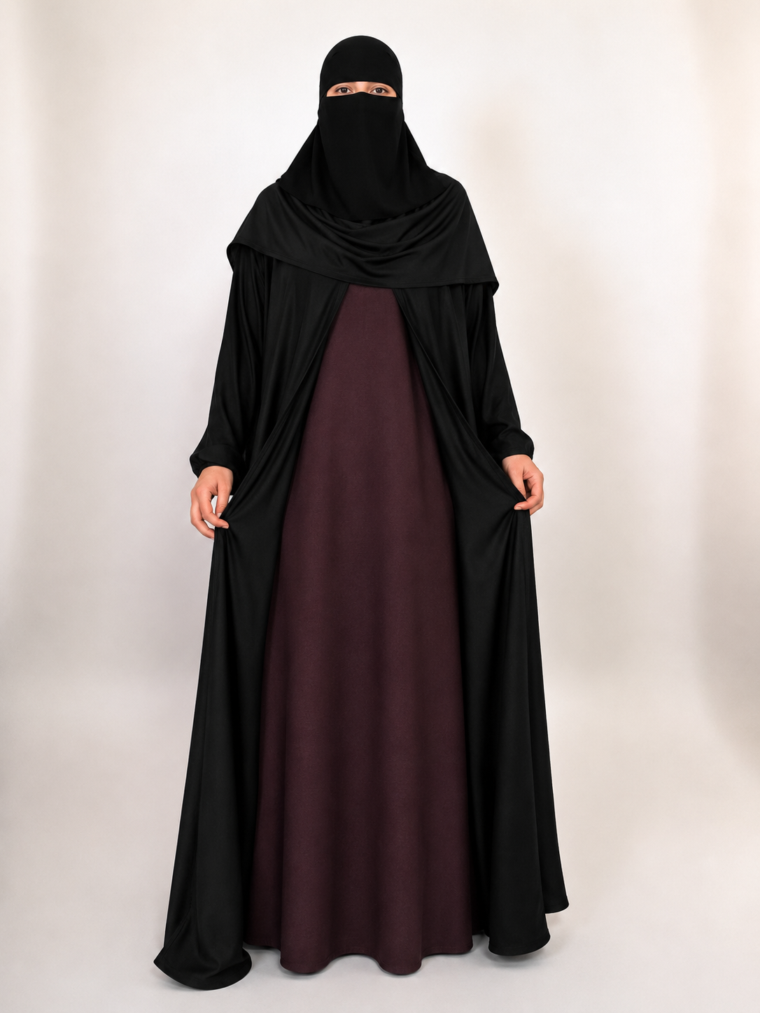 Black Nida Open Abaya with Contrast Slip
