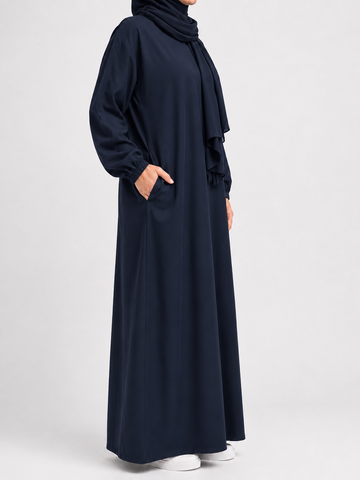 Plain Cotton Abaya with Pockets | Round neck | Matte | Navy