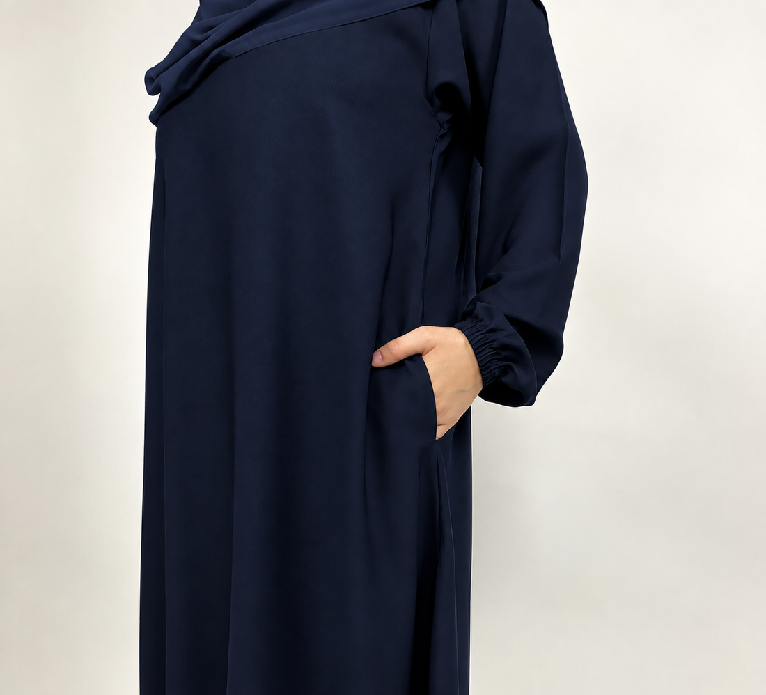 Cotton Straight Abaya with Elastic Cuff | Matte | Navy