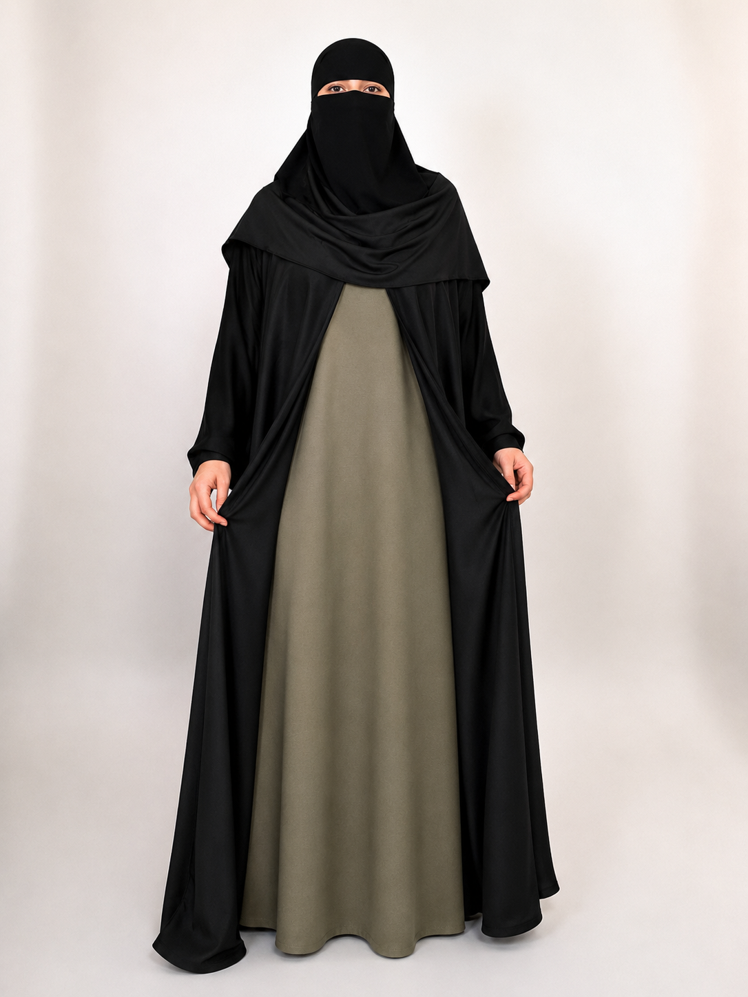 Black Nida Open Abaya with Contrast Slip