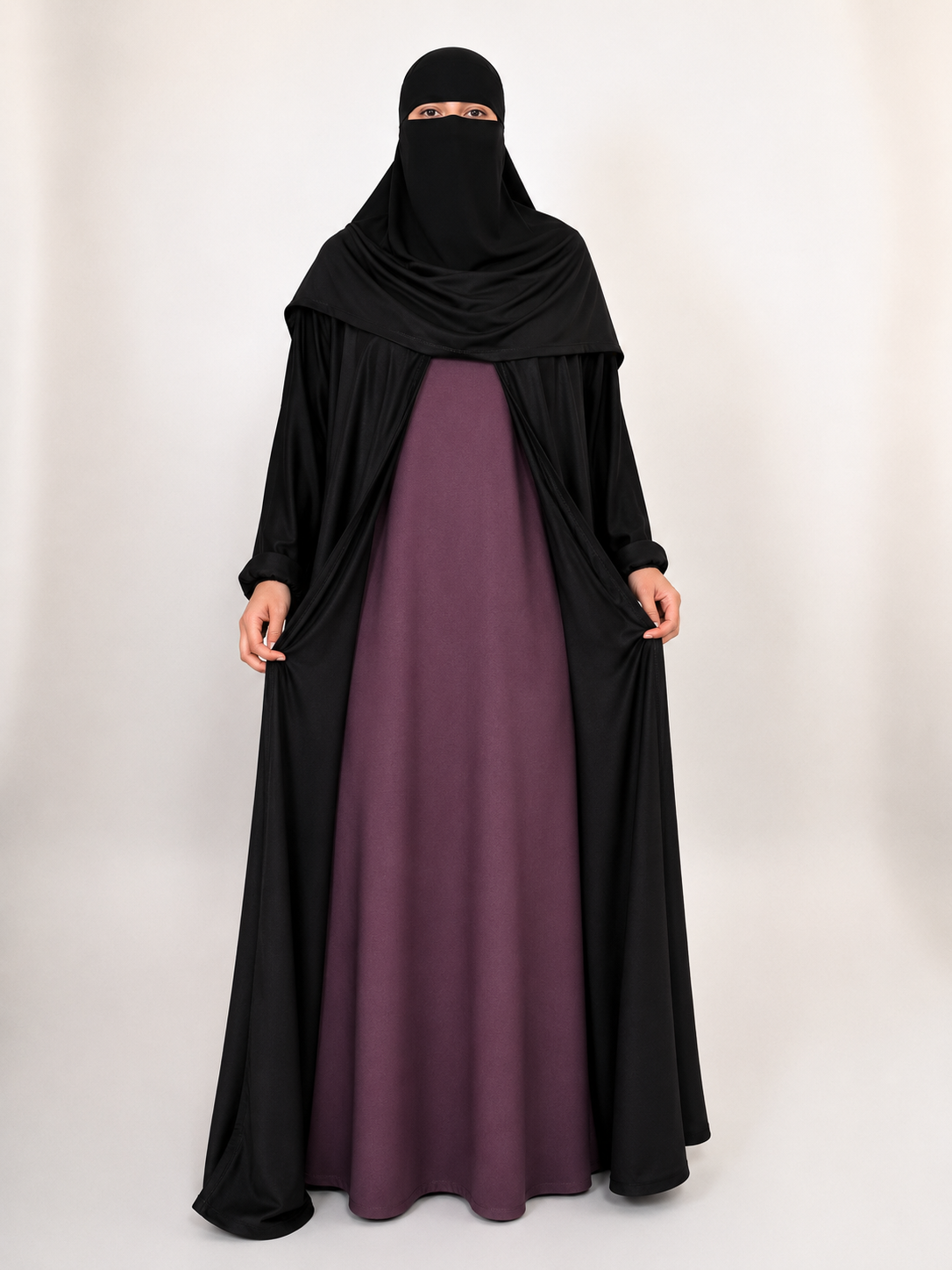 Black Nida Open Abaya with Contrast Slip