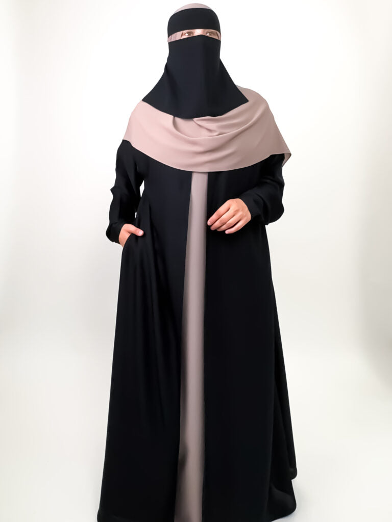 Black Nida Open Abaya with Contrast Slip