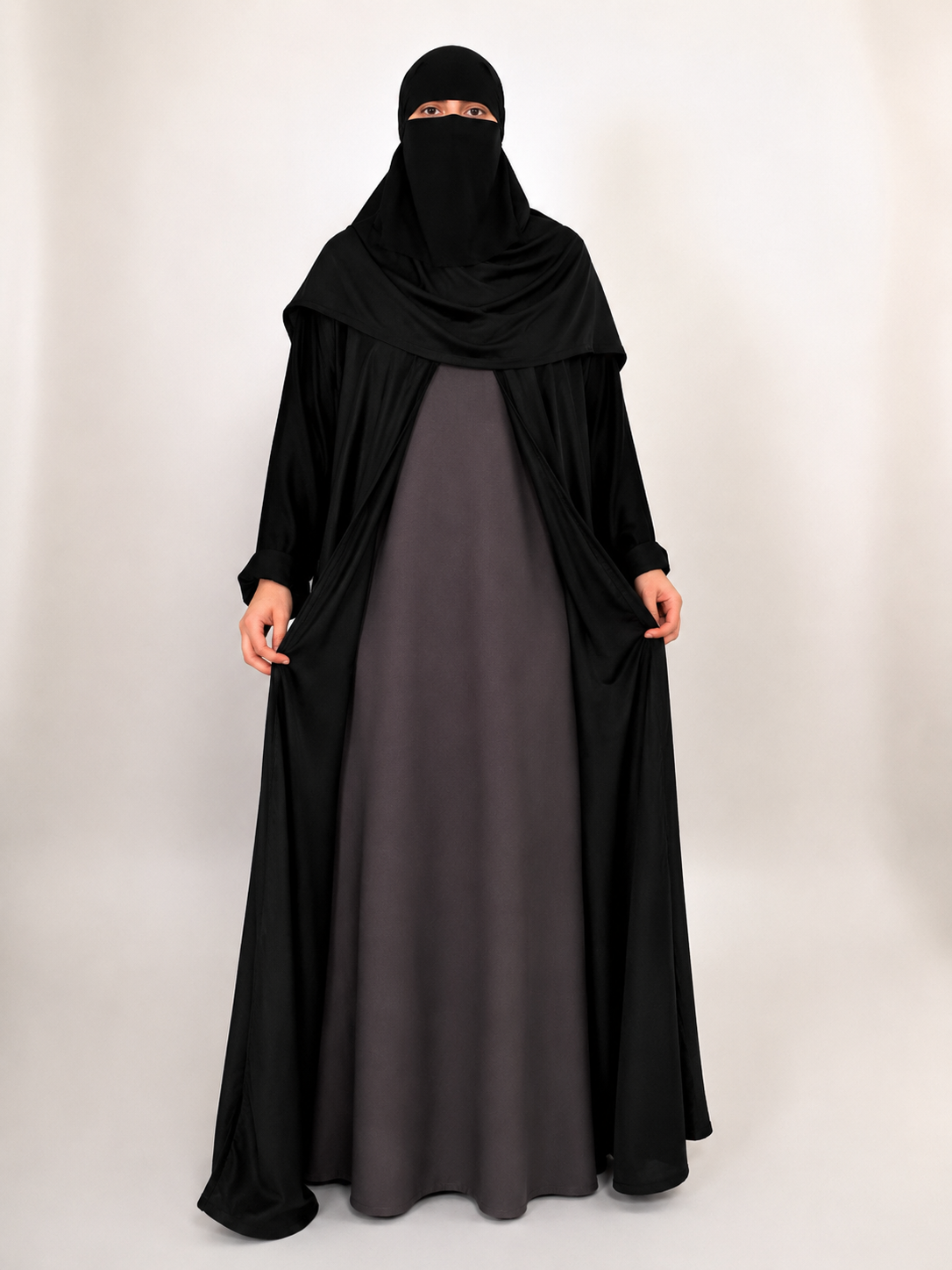 Black Nida Open Abaya with Contrast Slip